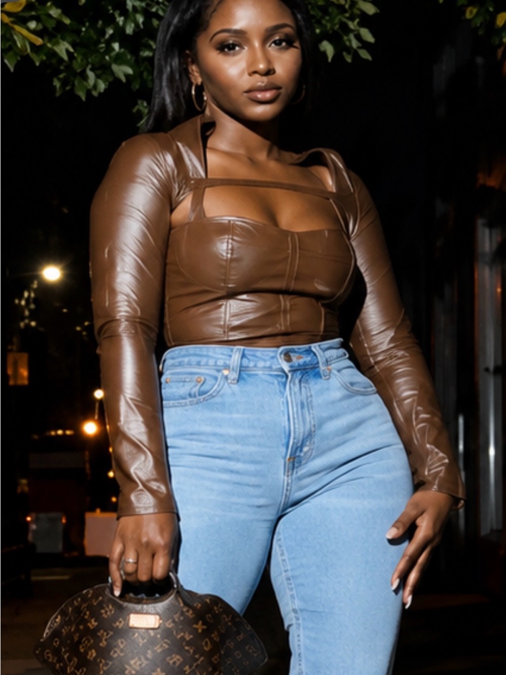 NWT NEVER WORN sold out Brown Faux Leather Long-Sleeve Bustier Two-Piece Top S
